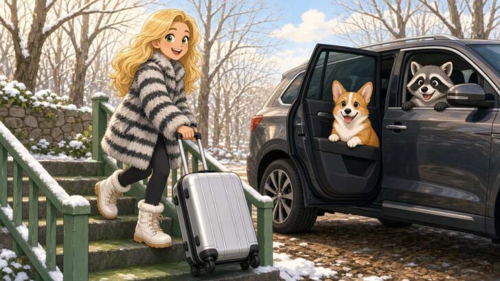 How Do You Roll A Suitcase Down The Stairs In A Fluffy Winter Coat - comic illustration