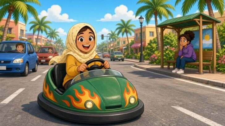 Who Needs The Bus When You Can Drive A Green Bumper Car Through Rush Hour - comic illustration